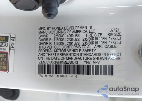 2021 Honda Cr-V Hybrid Ex-L from USA, damaged, VIN 7FART6H81ME030373